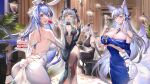  4girls absurdres aegir_(azur_lane) alternate_costume animal_ears azur_lane breasts cake champagne_flute cheshire_(azur_lane) cleavage cup dress drinking_glass food fork fox_ears fox_girl fox_tail fruit highres holding holding_plate horns kestie_choi looking_at_viewer multicolored_hair multiple_girls multiple_tails new_jersey_(azur_lane) new_jersey_(snow-white_ceremony)_(azur_lane) official_alternate_costume plate rabbit_ears shinano_(azur_lane) strawberry streaked_hair tail wedding_dress 