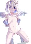  1girl amane_kanata angel_wings bare_shoulders bikini blue_hair blush breath collarbone colored_inner_hair demimushi feathered_wings flat_chest grey_hair hair_between_eyes highres hololive looking_at_viewer micro_bikini multicolored_hair navel purple_eyes short_hair simple_background socks solo squatting stomach swimsuit virtual_youtuber white_background wings 