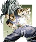  1boy biceps black_wristband border closed_mouth collarbone commentary_request dougi dragon_ball dragon_ball_super dragon_ball_super_super_hero electricity energy feet_out_of_frame fighting_stance gohan_beast gradient gradient_background grey_hair hands_up highres long_hair looking_ahead male_focus multicolored_background muscular muscular_male outside_border pectorals profile red_eyes red_sash sash serious solo son_gohan spiked_hair standing ushi_(akabec0) v-shaped_eyebrows white_border wristband 