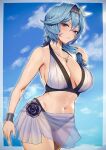  1girl alternate_costume arm_at_side bangs bare_shoulders bikini bikini_skirt black_bikini black_hairband blue_hair blue_sky border bracer breasts cleavage closed_mouth cowboy_shot crossed_bangs eula_(genshin_impact) genshin_impact hair_between_eyes hairband hand_up highres holding holding_hair jewelry large_breasts looking_at_viewer mismatched_bikini navel necklace see-through see-through_skirt short_hair sideboob sidelocks skirt sky solo stomach sukoyaka93 swimsuit thighs v-shaped_eyebrows wet white_bikini white_border 