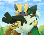  ambiguous_gender anthro blue_eyes butt day duo generation_7_pokemon generation_9_pokemon green_body hi_res legendary_pokemon looking_at_viewer meowscarada nintendo outside pokemon pokemon_(species) purple_eyes sum tail yellow_body zeraora 