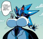  anthro big_breasts big_butt black_sclera blue_body breasts butt cape claws clothing cloud crossgender dialogue english_text featureless_breasts female glowing glowing_eyes grey_body grey_breasts huge_breasts machine metal_sonic metallic_body neo_metal_sonic red_eyes red_inner_ear robot sega sharp_claws shoulder_pads sky solo sonic_the_hedgehog_(series) speech_bubble spikes stripes studded_belt text thick_thighs white_stripes wide_hips zildtek 