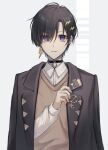  1boy black_choker black_coat black_hair brown_sweater_vest choker coat coat_on_shoulders collared_shirt earrings eyes_visible_through_hair grey_background hair_ornament hair_over_one_eye hairclip holostars jewelry kanade_izuru lapel_pin lightning_bolt_earrings lightning_bolt_hair_ornament lightning_bolt_symbol looking_at_viewer male_focus n@o_(nao) o-ring o-ring_choker official_alternate_costume parted_lips purple_eyes shirt short_hair simple_background single_earring solo sweater_vest upper_body virtual_youtuber white_hair 