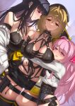  3girls ahoge anis_(nikke) bangs bare_shoulders belt beret between_breasts bikini bikini_top_only black_belt black_bikini black_gloves black_hair black_headwear black_jacket black_leotard black_shorts black_thighhighs blonde_hair blunt_bangs blush breasts brick_(atelier_brick) brown_eyes chain chain_leash chest_harness cleavage closed_mouth collarbone collared_shirt commentary_request cosplay cowboy_shot dutch_angle earclip fingerless_gloves gloves goddess_of_victory:_nikke grey_gloves groin hair_between_eyes hair_ribbon harness hat highres holding holding_whip hug jacket large_breasts latex leash leather_bikini leotard leotard_under_clothes long_hair long_sleeves looking_at_another looking_at_viewer midriff mihara_(nikke) mihara_(nikke)_(cosplay) mole mole_under_mouth multiple_girls o-ring o-ring_top open_mouth parted_lips pink_hair pink_ribbon purple_eyes ribbon shirt shirt_tucked_in short_hair short_shorts shorts sidelocks single_glove skindentation small_breasts smile standing strap_between_breasts swimsuit tears thigh_strap thighhighs whip white_shirt yuni_(nikke) 