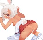  1girl :d after_sex after_vaginal animal_ears anus ass back bangs bare_shoulders breasts cum cum_in_pussy dark-skinned_female dark_skin highres japanese_clothes leaning_forward looking_at_viewer looking_back medium_hair miko nipples open_mouth original owasaki panties pussy rabbit_ears rabbit_girl rabbit_tail red_eyes saliva simple_background smile socks solo tail underwear white_background white_hair white_panties white_socks 