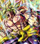  1boy abs absurdres angry biceps blank_eyes broly_(dragon_ball_super) cape clenched_hands commentary_request dragon_ball dragon_ball_super dragon_ball_super_broly fur_cape green_cape green_hair halftone hands_up highres legendary_super_saiyan light_rays long_hair male_focus multicolored_background muscular muscular_male open_mouth pants pectorals purple_pants scar scar_on_chest smile solo spiked_hair standing super_saiyan teeth tongue topless_male ushi_(akabec0) v-shaped_eyebrows waist_cape wristband 