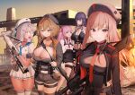  5girls :o absurdres anis_(nikke) assault_rifle bandolier bangs belt beret black_choker blue_neckerchief breasts brown_hair choker cleavage fingerless_gloves glasses gloves goddess_of_victory:_nikke green_eyes grey_hair grin gun hat highres holding holding_gun holding_weapon large_breasts long_hair looking_at_another looking_at_viewer mihara_(nikke) military miniskirt multiple_girls neckerchief necktie neon_(nikke) outdoors pink_hair pleated_skirt purple_eyes purple_hair rapi_(nikke) red_eyes red_necktie rifle sailor_collar short_hair short_shorts shorts single_fingerless_glove skirt sky smile straight_hair strap sunset thigh_strap thighs towrituka weapon yuni_(nikke) zettai_ryouiki 