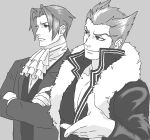  2boys ace_attorney ace_attorney_investigations ace_attorney_investigations:_miles_edgeworth ascot closed_mouth crossed_arms formal fur_trim greyscale hair_intakes jacket lcageki male_focus miles_edgeworth monochrome multiple_boys shi-long_lang short_hair simple_background smile suit upper_body 
