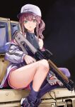  1girl absurdres aqua_eyes ar-57 ar-57_(girls&#039;_frontline) assault_rifle bangs bare_shoulders baseball_cap black_background black_shirt black_socks black_thighhighs breasts commentary crop_top ear_piercing foot_out_of_frame girls&#039;_frontline gun hat highres holding holding_gun holding_weapon jacket jacket_pull lithographica long_hair long_sleeves looking_at_viewer medium_breasts open_clothes open_jacket open_mouth piercing pink_hair pink_shorts rifle shirt shorts side_ponytail sidelocks single_sock single_thighhigh sitting socks solo thighhighs track_jacket weapon white_headwear white_jacket 