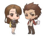  1boy 1girl ace_attorney brown_eyes brown_hair brown_skirt chibi closed_mouth crossed_arms cup diego_armando earrings facial_hair formal full_body holding holding_cup jacket jewelry lcageki long_hair long_sleeves magatama mia_fey mole mole_under_mouth necktie pants phoenix_wright:_ace_attorney_-_trials_and_tribulations red_shirt scarf shirt shoes short_hair simple_background skirt smile suit vest white_background 