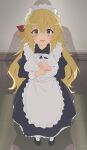  1boy 1girl absurdres apron blonde_hair breasts brown_eyes efa_(saikyou_onmyouji) hair_between_eyes highres large_breasts long_hair looking_at_viewer maid open_mouth saikyou_onmyouji_no_isekai_tenseiki shadow shoes sincos solo_focus standing white_apron 