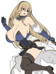  1girl bangs bare_shoulders belt black_footwear blonde_hair blue_eyes blue_gloves blue_hairband blush boots braid breasts brown_belt cleavage gloves hairband hand_up highres houtengeki large_breasts long_hair open_mouth original simple_background solo thigh_boots thighs white_background 