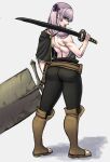  1girl absurdres ass bangs black_cloak black_clover boots cloak grey_hair hair_between_eyes highres holding holding_weapon huge_ass limn044 long_hair muscular noelle_silva purple_eyes simple_background sword thick_thighs thighs weapon 