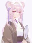  1girl alternate_costume animal_ears arknights closed_mouth flower hairband hand_fan highres holding holding_fan japanese_clothes kernel_killer kimono lin_yuhsia_(arknights) long_hair long_sleeves looking_at_viewer mouse_ears open_clothes paper_fan pink_hair purple_eyes purple_flower simple_background solo uchiwa upper_body white_background white_flower white_kimono yellow_hairband 