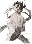  1boy 70281510 absurdres arknights bangs black_hair chong_yue_(arknights) cowboy_shot curled_horns dragon_boy dragon_horns dragon_tail from_behind head_tilt highres horns large_pectorals long_hair long_sleeves male_focus muscular muscular_male pectorals pointy_ears sidepec standing tail 