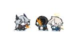  1other 2boys arknights chibi coffee coffee_cup cup disposable_cup doctor_(arknights) enforcer_(arknights) formal halo horns multiple_boys purple_eyes puzzle_(arknights) shidare_(youh4016) short_hair simple_background suit tea white_background white_hair wings 