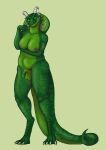  2022 anthro artemis_drakux balls biped breasts claws cobra digital_media_(artwork) dragon foreskin genitals green_body green_eyes gynomorph hi_res hood horn hybrid intersex long_foreskin looking_at_viewer nipples nude penis reptile scalie simple_background slightly_chubby smile snake solo standing tail thick_thighs 