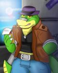  2023 alligator alligatorid anthro b.cover biped bottomwear brok_(character) brok_the_investigator clothing crocodilian detailed detailed_scales green_body hat headgear headwear humanoid_hands outside pants reptile scales scalie shirt solo topwear 
