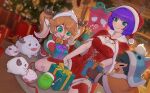  1boy 2girls :d antlers breasts brown_gloves child christmas christmas_present cleavage closed_eyes creature doughnut fake_antlers fireplace food furry furry_female gift gloves green_eyes grin hat highres indie_virtual_youtuber indoors kneeling medium_breasts mittens multiple_girls podone pom_pom_(clothes) purple_hair red_gloves red_skirt red_vest santa_hat short_hair signature skirt smile sparrowl twintails vest 