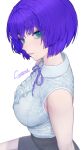  1girl bare_arms blouse bob_cut breasts from_side green_eyes highres indie_virtual_youtuber large_breasts looking_at_viewer looking_to_the_side miniskirt neck_ribbon parted_lips podone purple_hair purple_ribbon ribbon seductive_smile shirt short_hair simple_background sitting skirt smile solo sparrowl white_background white_shirt 