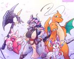  abstract_background anthro axe battle_axe big_breasts bottomwear bra breasts clothing diana_(fantomartz) dragon dragonite eeveelution fantomartz female feral gem generation_1_pokemon generation_6_pokemon group hair horn loincloth long_hair looking_at_viewer mature_female membrane_(anatomy) membranous_wings multi_horn nintendo pokeball pokemon pokemon_(species) sylveon underwear wings 