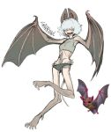  1girl animal_ears bat_ears bat_girl bat_wings breasts closed_eyes emoji full_body green_panties grey_hair grin monster_girl original panties personification sharp_teeth short_hair signature simple_background small_breasts smile solo sparrowl spread_wings teeth underwear white_background winged_arms wings 