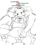  2023 anthro balls belly big_belly bravo canid canine canis domestic_dog erection eyes_closed eyewear genitals glasses group male male/male mammal mature_male moobs nipples overweight overweight_male penis sitting sketch 