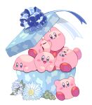  :d :i :o arms_up blue_eyes blush blush_stickers box closed_eyes clover flower four-leaf_clover frown full_body gift gift_box in_box in_container kirby kirby_(series) leaf looking_at_viewer mutekyan no_humans open_mouth red_footwear shoes simple_background smile sparkle star_(symbol) white_background white_flower 