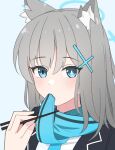  1girl ai_drawing_anime_characters_eating_ramen_(meme) animal_ear_fluff animal_ears atamonica black_jacket blazer blue_archive blue_eyes blue_scarf chopsticks clothes_in_mouth cross_hair_ornament eating film_grain grey_hair hair_ornament halo holding holding_chopsticks jacket light_blush looking_at_viewer medium_hair meme mismatched_pupils portrait scarf shiroko_(blue_archive) solo striped striped_scarf wolf_ears 