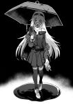  1girl black_background black_survival blood blood_bag choker cross cross_necklace fishnet_pantyhose fishnets full_body greyscale highres holding holding_umbrella jacket jacket_partially_removed jewelry long_sleeves looking_at_viewer mask miniskirt mnnnya monochrome mouth_mask necklace off_shoulder pantyhose pleated_skirt pool_of_blood print_mask shirt shoes skirt solo standing thighhighs umbrella walking 