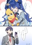  1girl 2boys 6tnut9 amamiya_kokoro bandaged_arm bandages bell blazer blue_hair cellphone closed_eyes dress fang frilled_dress frills hair_bell hair_ornament indie_virtual_youtuber jacket kenmochi_touya long_hair multiple_boys necktie nijisanji open_mouth peanuts-kun phone red_necktie scarf school_uniform skin_fang smartphone virtual_youtuber 