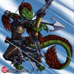  2022 3_fingers 3_toes abstract_background action_pose aloy anthro armor arrow_(weapon) artist_logo barefoot big_tail biped bottomwear bow_(weapon) bracers breasts cel_shading claws clothed clothing cosplay dewclaw digital_drawing_(artwork) digital_media_(artwork) digitigrade dinosaur dromaeosaurid feather_hair feather_mane feathered_arms feathered_dinosaur feathered_tail feathers feet female finger_claws fingers foreshortening front_view fully_clothed fur_clothing green_body green_claws green_scales hi_res horizon_zero_dawn hunter leather leather_bottomwear leather_clothing leather_pants light lighting logo long_tail medium_breasts midair non-mammal_breasts pants pose predaguy pseudo_hair pseudo_mane pupils ranged_weapon raptor_claws red_body red_feather_hair red_feathers red_pseudo_hair red_stripes reptile scales scalie shaded slit_pupils smile snout solo sony_corporation sony_interactive_entertainment stripes tail tail_mane tail_tuft tapering_tail theropod thick_tail toe_claws toes tuft uthalla velociraptor weapon yellow_eyes 