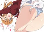  1girl animal_ears ass bent_over blue_eyes brown_hair charlotte_e._yeager heart highres jacket one_eye_closed open_mouth panties rabbit_ears simple_background solo strike_witches tail umanosuke underwear white_background white_panties world_witches_series 