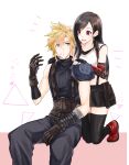  1boy 1girl absurdres arm_guards armor bangs bare_shoulders black_gloves black_hair black_skirt black_thighhighs blonde_hair blue_eyes boots cheek_poking cloud_strife crop_top earrings final_fantasy final_fantasy_vii final_fantasy_vii_remake fingerless_gloves gloves hand_on_another&#039;s_shoulder hand_up highres jewelry kneeling long_hair looking_at_another mizuamememe open_mouth poking red_eyes red_footwear ribbed_sweater shoulder_armor single_bare_shoulder single_earring sitting skirt spiked_hair suspender_skirt suspenders sweatdrop sweater swept_bangs tank_top teeth thighhighs tifa_lockhart turtleneck turtleneck_sweater upper_teeth_only white_tank_top zettai_ryouiki 