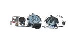  1girl 1other amiya_(arknights) arknights black_hair chibi doctor_(arknights) drawing drawing_tablet minimalist_(arknights) motion_lines paper purple_eyes puzzle_(arknights) shidare_(youh4016) short_hair simple_background tossing white_background 