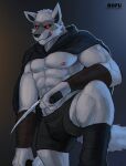  absurd_res anthro black_sclera bulge canid canine canis cloak clothing death_(puss_in_boots) dreamworks fur hi_res holding_object holding_weapon looking_at_viewer male mammal melee_weapon muscular muscular_anthro muscular_male puss_in_boots_(film) puss_in_boots_the_last_wish red_eyes rofu_kagazaki solo underwear weapon wolf 
