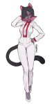  1girl :3 :d animal_ears black_hair breasts cat_ears cat_tail collared_shirt colored_inner_hair full_body hair_over_one_eye hand_on_hip hand_up highres jacket large_breasts long_sleeves looking_at_viewer multicolored_hair necktie one_eye_covered open_clothes open_jacket original pants pink_eyes pink_hair red_shirt shirt shoes simple_background slit_pupils smile smug solo sparrowl tail white_background white_footwear white_jacket white_necktie white_pants wing_collar 