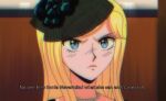  1990s_(style) 1girl bangs bead_necklace beads black_flower black_headwear blonde_hair blurry blurry_background blush closed_mouth danganronpa_(series) danganronpa_2:_goodbye_despair english_text flower gabi_(dr2_hell) green_eyes hat hat_flower jewelry looking_at_viewer necklace portrait retro_artstyle solo sonia_nevermind subtitled 