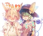  2girls @_@ animal_ears black_headwear blonde_hair blush closed_eyes eyeball fang fox_ears fox_tail frilled_sleeves frills green_hair green_ribbon hair_between_eyes hat hat_ribbon heart heart_of_string holding holding_test_tube komeiji_koishi kudamaki_tsukasa long_sleeves multiple_girls open_mouth ribbon romper sekisei_(superego51) shirt short_hair short_sleeves simple_background smile tail teeth test_tube third_eye touhou upper_teeth_only white_background white_romper wide_sleeves yellow_eyes yellow_ribbon yellow_shirt 