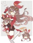 1girl 2023 :3 ;d amber_(genshin_impact) bangs baron_bunny_(genshin_impact) belt boots brown_gloves brown_hair brown_shorts chibi chibi_inset commentary_request foot_out_of_frame genshin_impact gloves goggles goggles_on_head hair_ribbon highres holding long_hair long_sleeves looking_at_viewer mamimu_(ko_cha_22) notice_lines one_eye_closed open_mouth red_gloves red_ribbon red_thighhighs ribbon shorts shrug_(clothing) smile thigh_belt thigh_boots thigh_strap thighhighs two-tone_gloves white_footwear 