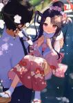  1boy 1girl bangs black_hair black_necktie black_pants blue_archive blurry blush carrying cherry_blossoms collared_shirt commentary_request depth_of_field falling_petals floral_print flower from_above fur-trimmed_kimono fur_trim furisode fuuka_(blue_archive) fuuka_(new_year)_(blue_archive) hair_bun hair_flower hair_ornament halo highres horns japanese_clothes kimono long_hair looking_at_another necktie official_alternate_costume open_mouth paid_reward_available pants petals pink_eyes pink_flower pink_kimono princess_carry print_kimono sensei_(blue_archive) shirt solo_focus surprised tabi waon_(43ctw) white_shirt zouri 