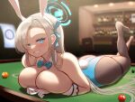  animal_ears ass asuna_(blue_archive) asuna_(bunny)_(blue_archive) asymmetrical_bangs backlighting ball bangs bar_(place) bare_shoulders billiard_ball billiards blue_archive blue_bow blue_bowtie blue_eyes blue_leotard blue_ribbon blurry blurry_background bow bowtie breast_press breasts brown_pantyhose cleavage detached_collar fake_animal_ears fake_tail feet_up forehead gloves grin hair_over_one_eye hair_ribbon halo highleg highleg_leotard indoors large_breasts leotard light_brown_hair long_hair looking_at_viewer lying maku_ro mole mole_on_breast official_alternate_costume on_side on_stomach on_table pantyhose playboy_bunny pool_table rabbit_ears rabbit_tail ribbon smile solo strapless strapless_leotard swept_bangs table tail thighband_pantyhose traditional_bowtie v very_long_hair white_gloves 