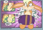  2021 anthro breasts censored_breasts clothed clothing comic countershade_face countershade_torso countershading dialogue english_text eyebrows female fire front_view furnut gloves hair handwear hi_res holding_object humor kneeling lagomorph leporid lola_bunny looney_tunes mammal multicolored_body nipples rabbit shirt short_hair simple_background solo sound_effects speech_bubble tan_body text topless topless_anthro topless_female topwear two_tone_body vase warner_brothers white_body white_clothing white_gloves white_hair white_handwear 
