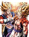  &gt;:) 2boys abs absurdres baggy_pants biceps black_vest black_wristband blonde_hair blue_sash border closed_mouth commentary_request dougi dragon_ball dragon_ball_z earrings fist_in_hand gloves gogeta green_eyes hair_between_eyes halftone halo hand_up hands_up highres jewelry looking_at_viewer male_focus metamoran_vest multiple_boys muscular muscular_male open_clothes open_vest orange_shirt outside_border pants pectorals potara_earrings sash shiny_hair shiny_skin shirt short_sleeves smile smirk spiked_hair standing super_saiyan super_saiyan_1 ushi_(akabec0) v-shaped_eyebrows vegetto vest white_border white_gloves white_pants wristband 