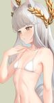  1girl :t absurdres arknights bangs bare_arms bare_shoulders bikini blunt_bangs breasts commentary grey_background hand_up highres laurel_crown long_hair navel platinum_(arknights) platinum_(shimmering_dew)_(arknights) radioneet simple_background small_breasts solo stomach swimsuit tail upper_body very_long_hair white_bikini white_hair yellow_eyes 