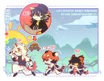  1girl 3boys aak_(arknights) animal_ears arknights chibi chinese_clothes ear_piercing english_text furry glasses hat highres hung_(arknights) lee_(arknights) multiple_boys newspaper piercing smile taxi tiger_girl vuendor waai_fu_(arknights) 