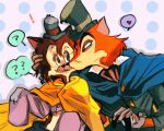  &quot;honest&quot;_john_foulfellow anthro blush cane canid canine clothing domestic_cat exclamation_point felid feline felis fox gideon_(pinocchio) hat headgear headwear hi_res kissing kissing_cheek looking_into_eyes mammal pinocchio question_mark red_eyes torn_clothing 