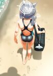  1girl animal_ears ass bag bare_shoulders barefoot beach black_one-piece_swimsuit blue_archive competition_swimsuit day extra_ears footprints from_above from_behind grey_hair halo highleg highleg_swimsuit medium_hair mikawaya multicolored_clothes multicolored_swimsuit official_alternate_costume one-piece_swimsuit outdoors ponytail sand school_bag shadow shiroko_(blue_archive) shiroko_(swimsuit)_(blue_archive) solo_focus swimsuit water wet 