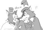  &lt;3 &quot;honest&quot;_john_foulfellow anthro black_and_white blush canid canine clothing domestic_cat exclamation_point felid feline felis fox gideon_(pinocchio) hat headgear headwear kissing mammal monochrome pinocchio question_mark red_eyes sketch torn_clothing 