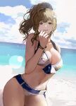  1girl beach bikini blush bracelet breasts brown_hair cleavage highres horizon idolmaster idolmaster_shiny_colors jewelry kuwayama_chiyuki large_breasts lens_flare long_hair looking_at_viewer navel outdoors ponytail print_bikini smile solo swimsuit very_long_hair wavy_hair wefightasone_1 